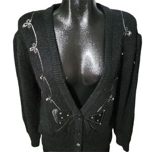 Vintage Iced Tea Black Cardigan Sweater with Bow Accents M